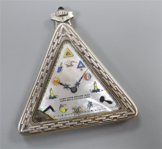 A nearly 20th century silver and mother of pearl Masonic triangular pocket watch, the moment signed Shwab & Brandt, (a.f.), 53mm.